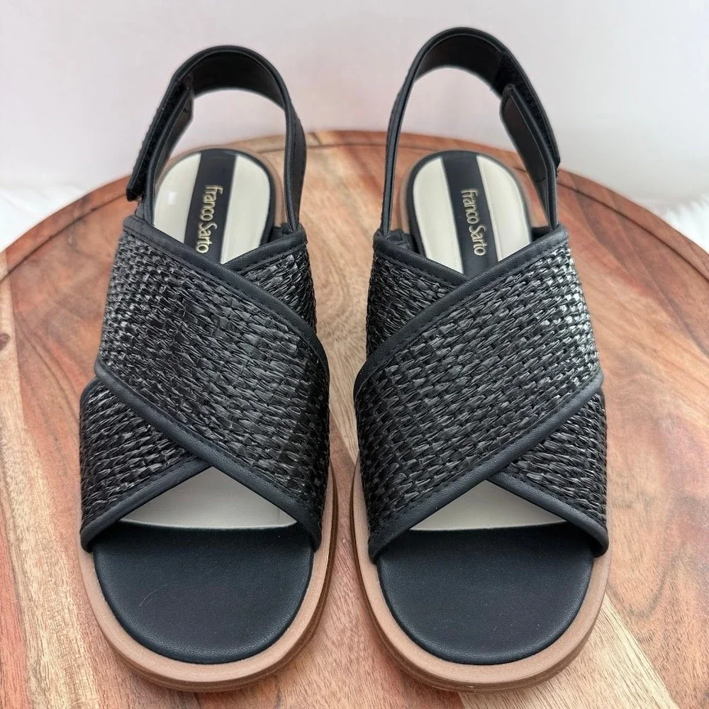 Franco Sarto Womens 7M Black Woven Crisscross Slingback Block Heel Sandals New
